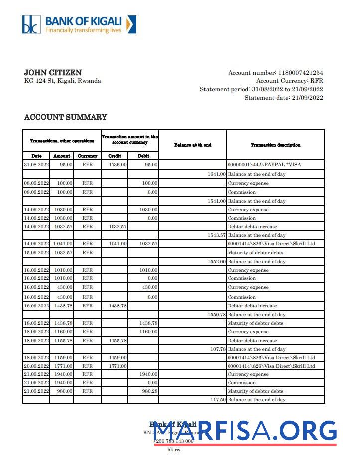 Printable Rwanda Bank of Kigali bank statement excel sample
